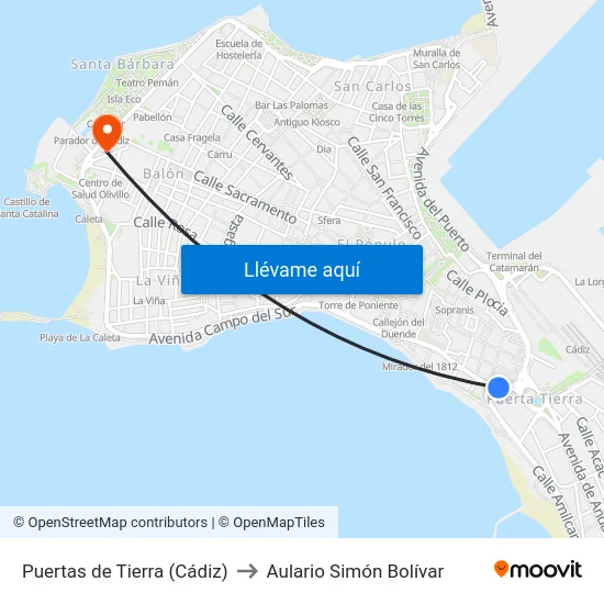 Puertas de Tierra (Cádiz) to Aulario Simón Bolívar map