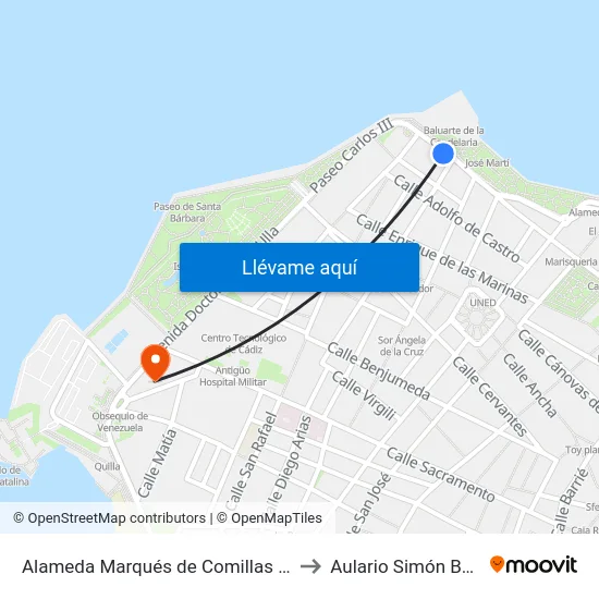Alameda Marqués de Comillas (Cádiz) to Aulario Simón Bolívar map