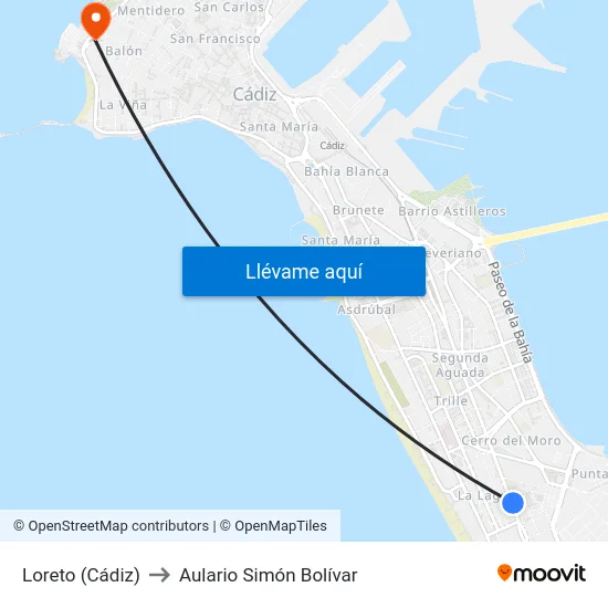 Loreto (Cádiz) to Aulario Simón Bolívar map