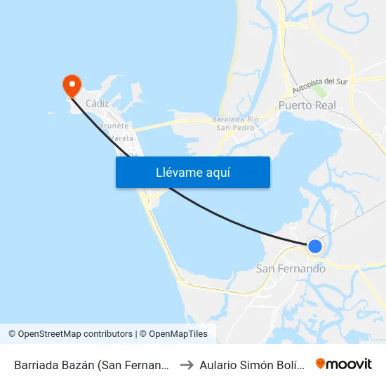Barriada Bazán (San Fernando) to Aulario Simón Bolívar map