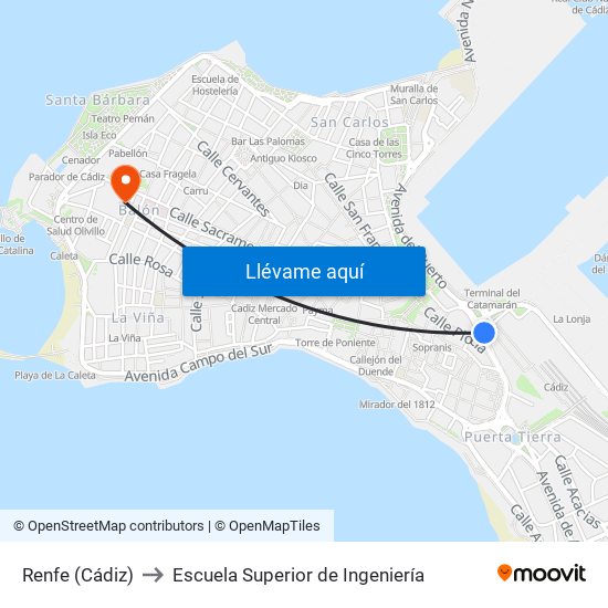 Renfe (Cádiz) to Escuela Superior de Ingeniería map