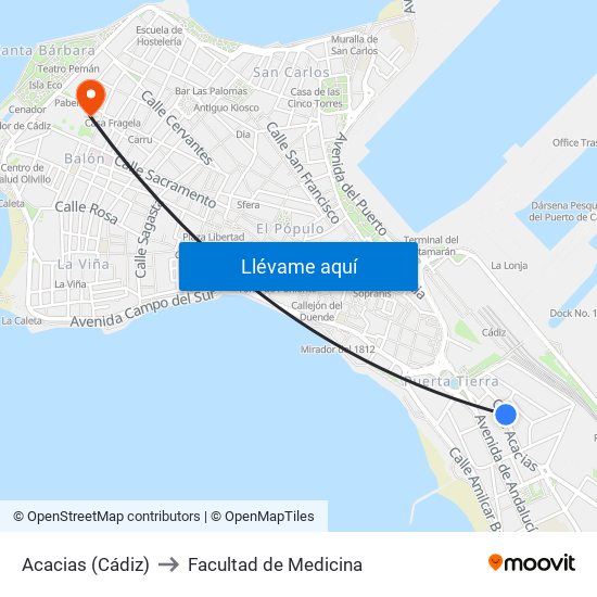 Acacias (Cádiz) to Facultad de Medicina map