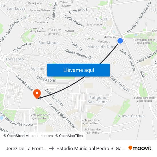 Jerez De La Frontera to Estadio Municipal Pedro S. Garrido map