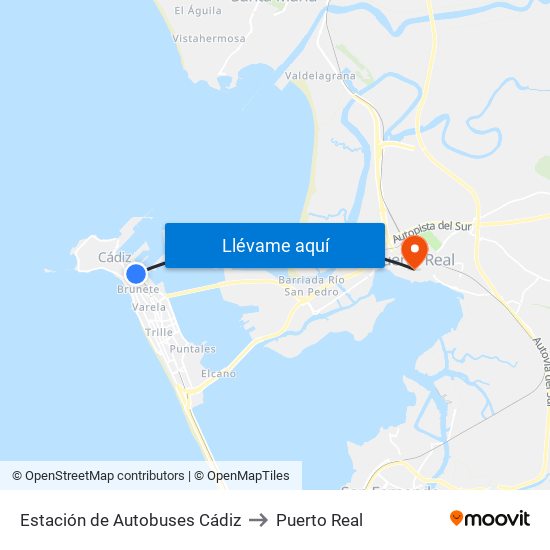 Estación de Autobuses Cádiz to Puerto Real map