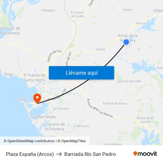 Plaza España (Arcos) to Barriada Río San Pedro map