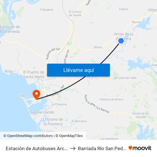 Estación de Autobuses Arcos to Barriada Río San Pedro map