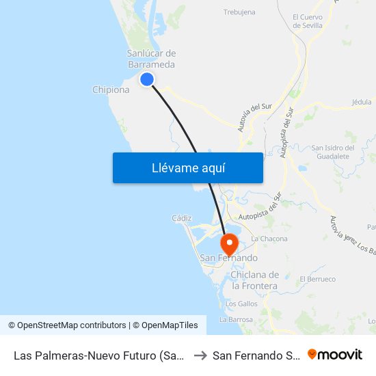 Las Palmeras-Nuevo Futuro (Sanlúcar) to San Fernando Spain map