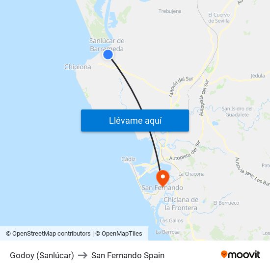 Godoy (Sanlúcar) to San Fernando Spain map