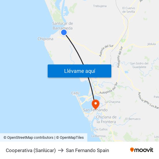 Cooperativa (Sanlúcar) to San Fernando Spain map