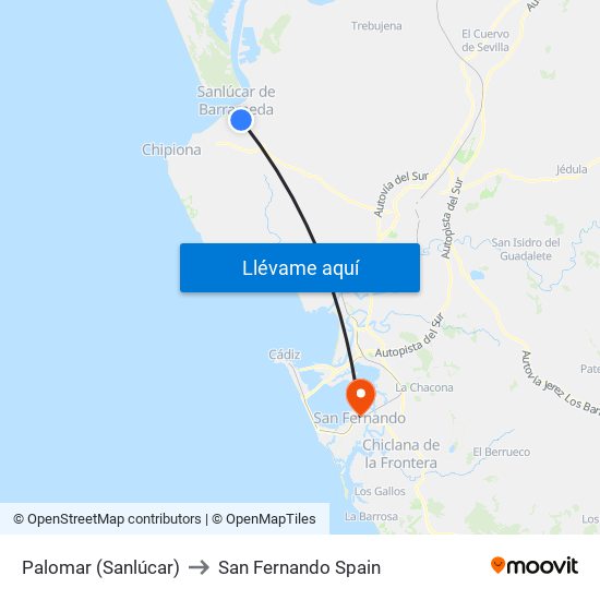 Palomar (Sanlúcar) to San Fernando Spain map