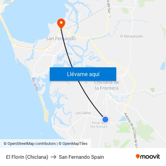 El Florín (Chiclana) to San Fernando Spain map