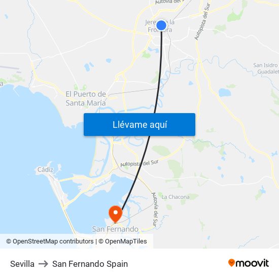 Sevilla to San Fernando Spain map