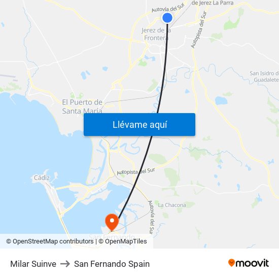 Milar Suinve to San Fernando Spain map