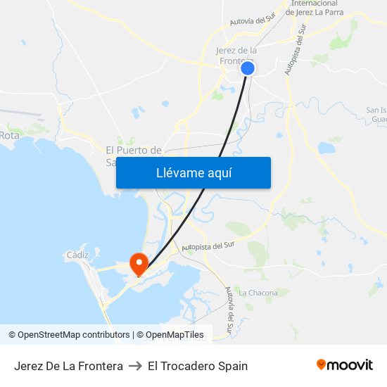 Jerez De La Frontera to El Trocadero Spain map