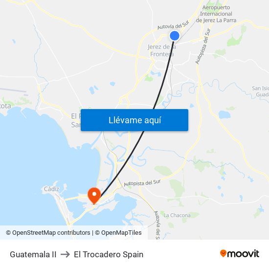 Guatemala II to El Trocadero Spain map