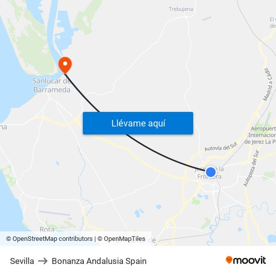 Sevilla to Bonanza Andalusia Spain map