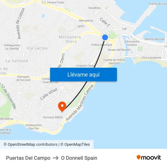 Puertas Del Campo to O Donnell Spain map