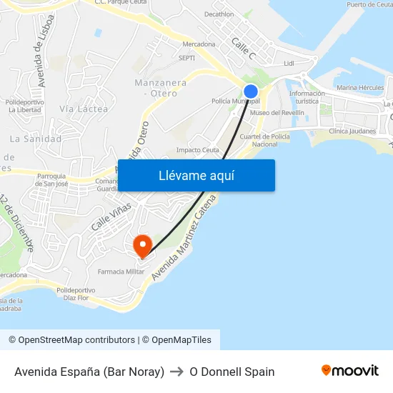 Avenida España (Bar Noray) to O Donnell Spain map