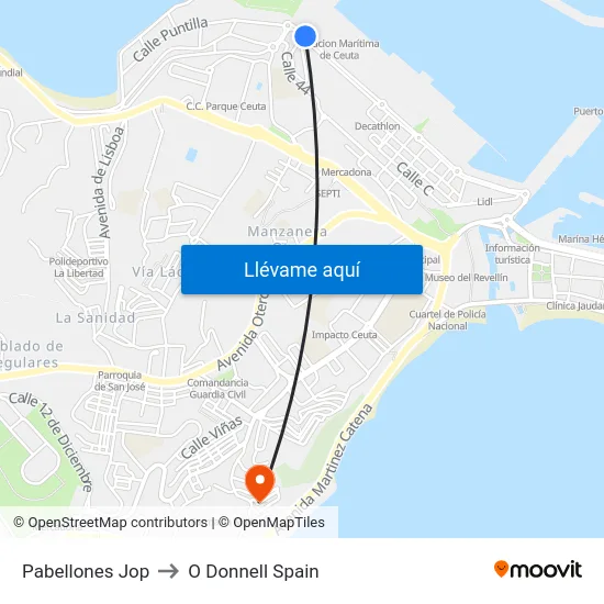 Pabellones Jop to O Donnell Spain map