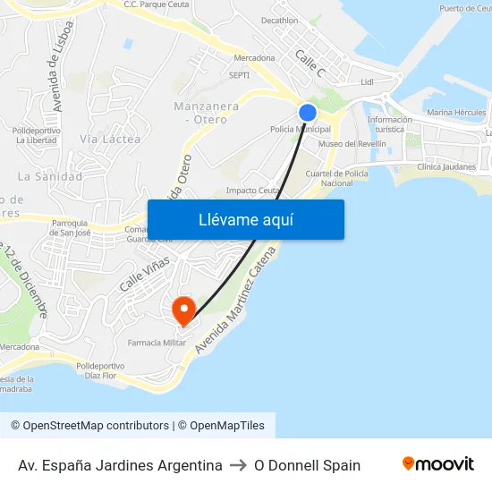 Av. España Jardines Argentina to O Donnell Spain map