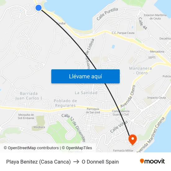 Playa Benitez (Casa Canca) to O Donnell Spain map