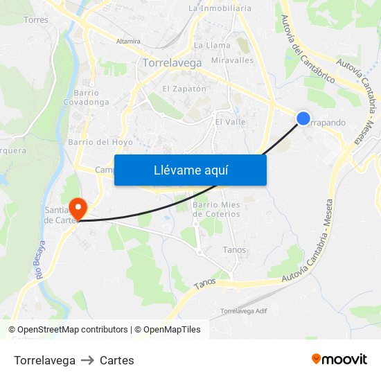 Torrelavega to Cartes map