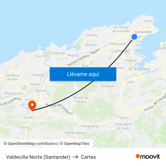 Valdecilla Norte (Santander) to Cartes map