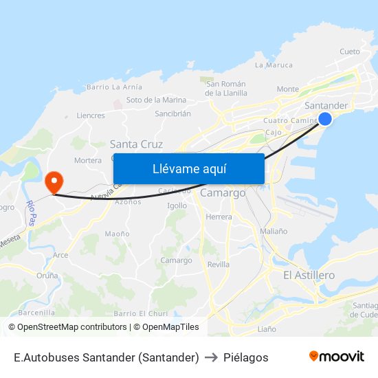 E.Autobuses Santander (Santander) to Piélagos map