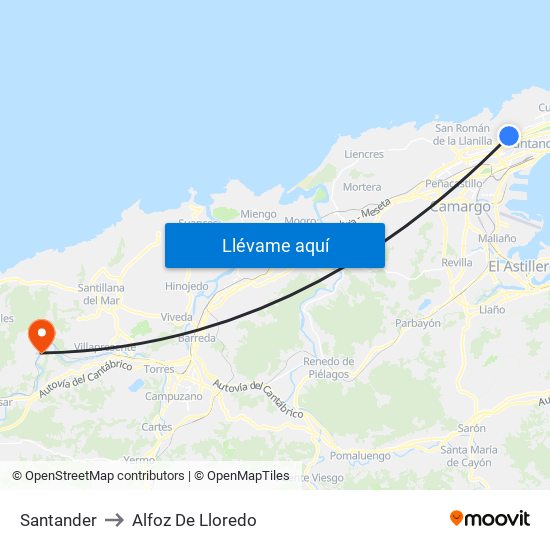 Santander to Alfoz De Lloredo map