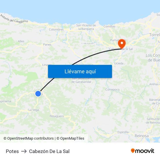 Potes to Cabezón De La Sal map