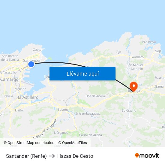 Santander (Renfe) to Hazas De Cesto map