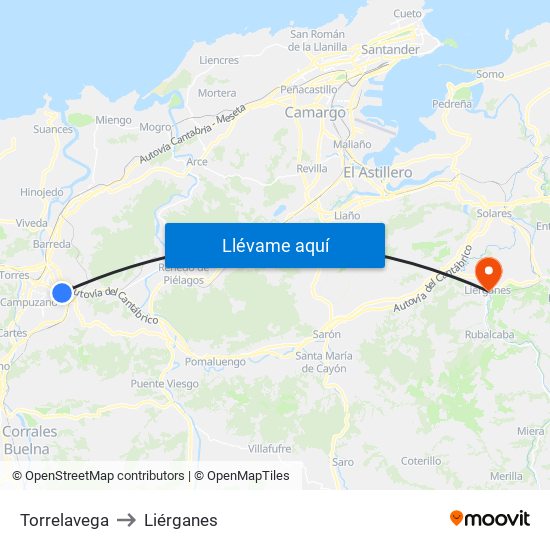 Torrelavega to Liérganes map