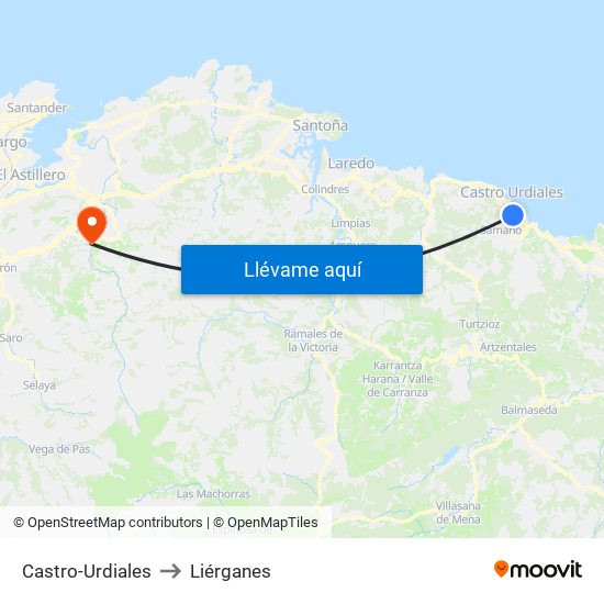 Castro-Urdiales to Liérganes map