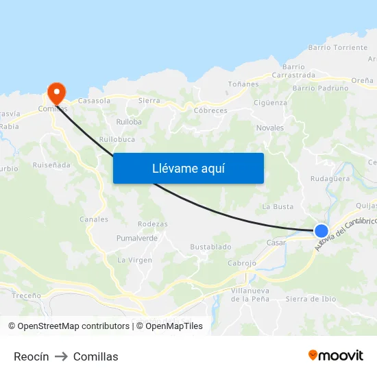 Reocín to Comillas map