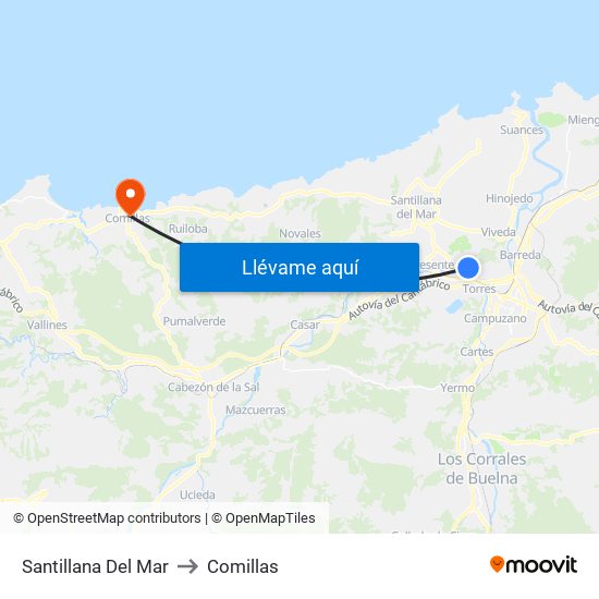 Santillana Del Mar to Comillas map