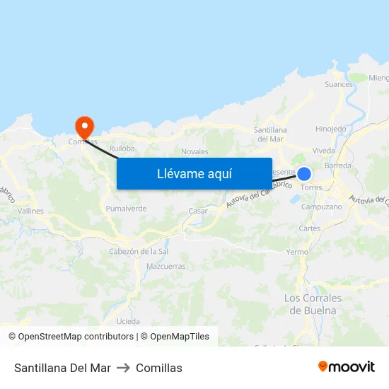 Santillana Del Mar to Comillas map