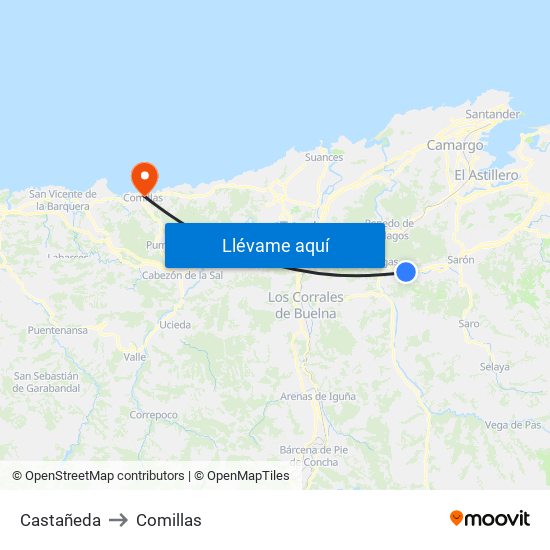 Castañeda to Comillas map