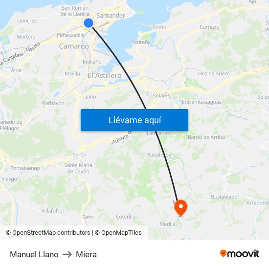 Manuel Llano to Miera map