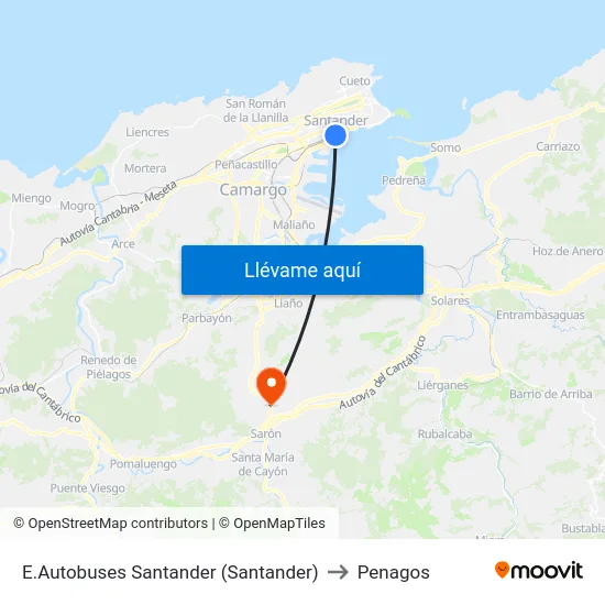 E.Autobuses Santander (Santander) to Penagos map