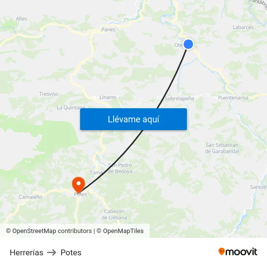 Herrerías to Potes map