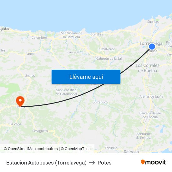 Estacion Autobuses (Torrelavega) to Potes map