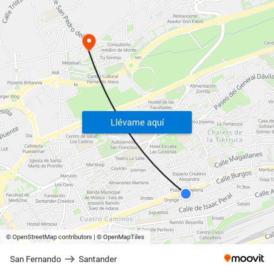 San Fernando to Santander map