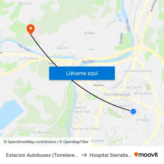Estacion Autobuses (Torrelavega) to Hospital Sierrallana map