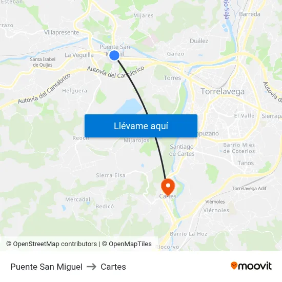 Puente San Miguel to Cartes map