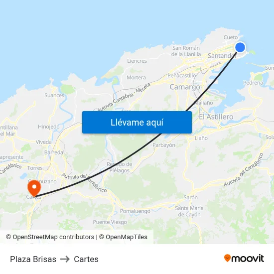 Plaza Brisas to Cartes map
