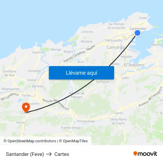 Santander (Feve) to Cartes map