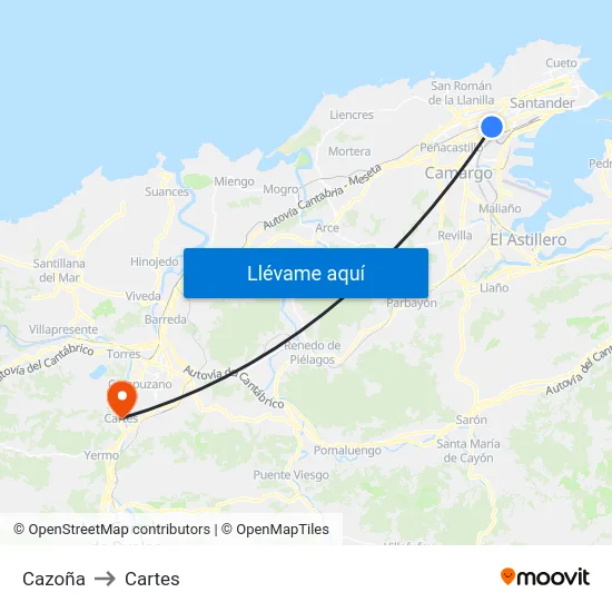 Cazoña to Cartes map