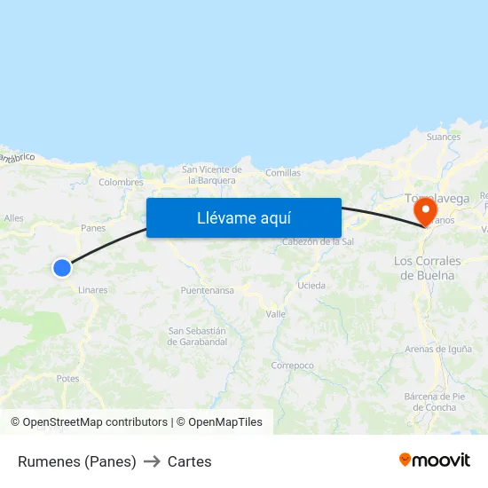 Rumenes (Panes) to Cartes map
