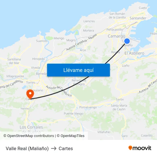 Valle Real (Maliaño) to Cartes map