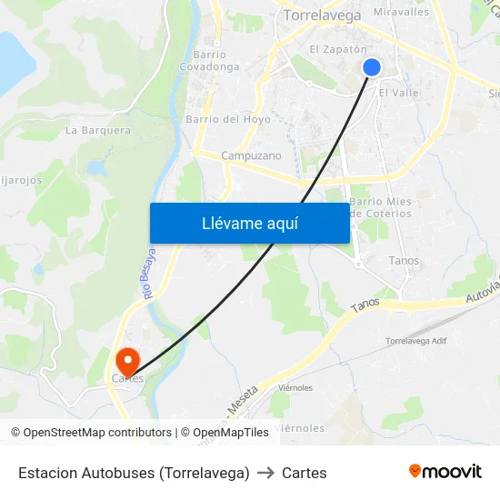 Estacion Autobuses (Torrelavega) to Cartes map
